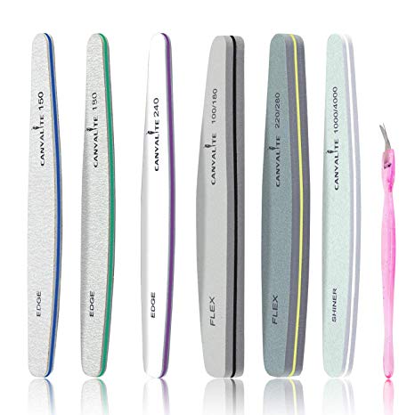 6 PCS Professional Nail Files, Canvalite Nail Buffer File block Double Sided Emery Board Grit 100/180, 220/280, 1000/4000, 150, 180, 240 Gel Nail File Set for Home and Salon Use