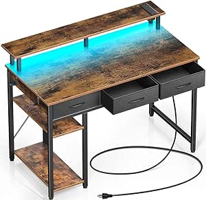 Rolanstar Computer Desk with Power Outlets & LED Light, 39 inch Home Office Desk with 3 Drawers and Storage Shelves, Writing Desk with Monitor Stand, Work Desk for Home Office,Rustic Brown