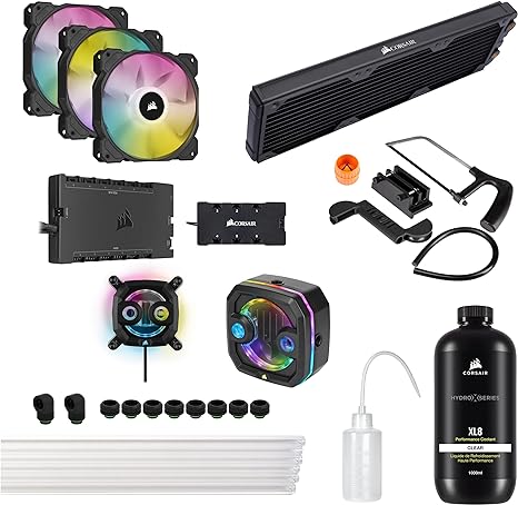 CORSAIR Hydro X Series iCUE XH303i RGB PRO Custom Cooling Kit (Hardline CPU Cooling Loop, CPU Water Block, Compact Pump/Reservoir Combo, Radiator, 3x RGB Fans, iCUE Software Control) Black