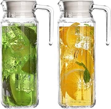 Glass Pitcher with Lid – Set of 2 34Oz Glass Water Pitcher – Clear Cold Brew Pitcher for Water, Lemonade, Iced Tea, Coffee – Elegant and Modern – Practical Spout Pitchers for Drinks