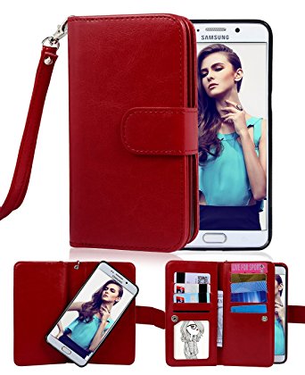 Galaxy S6 Edge Plus Case, Crosspace Flip Wallet Case Premium PU Leather 2-in-1 Protective Magnetic Shell with Credit Card Holder/Slots and Wrist Lanyard for Samsung Galaxy S6 Edge   (Red)