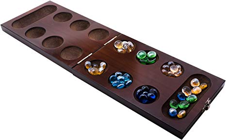 GrowUpSmart Mancala Board Game Set by with Dark Folding Wooden Board   Beautiful Multi Color Glass Beads - Smart tactical game for kids and adults - Easy to store Travel Size [Unfolds to 37 cm]