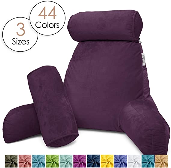 Nestl Reading Pillow, Includes 1 Extra Large Bed Rest Pillow with Arms & Pockets   2 Detachable Pillows - Shredded Memory Foam TV Pillow, Neck Roll & Lumbar Support Pillow - Set of 3 - Purple Eggplant