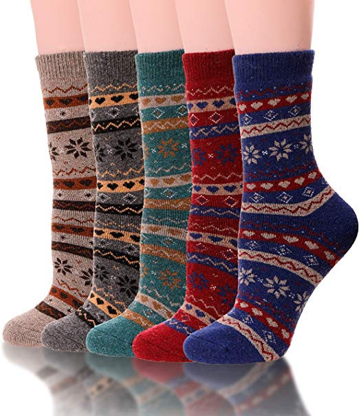 Womens Wool Socks Thick Heavy Thermal Cabin Fuzzy Winter Warm Crew Socks For Cold Weather 5 Pack