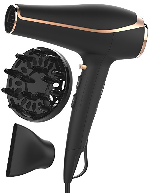 xtava Double Shine Professional Hair Dryer with Diffuser, Ionic Blow for Curly Hair and Nozzle Attachments, Fast Drying Best for Salon Volume, 1800W AC Motor