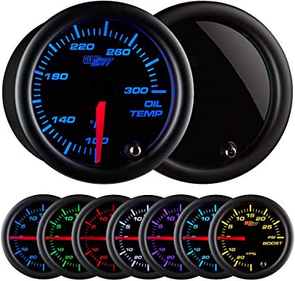 GlowShift Tinted 7 Color 300 F Oil Temperature Gauge Kit - Includes Electronic Sensor - Black Dial - Smoked Lens - for Car & Truck - 2-1/16" 52mm