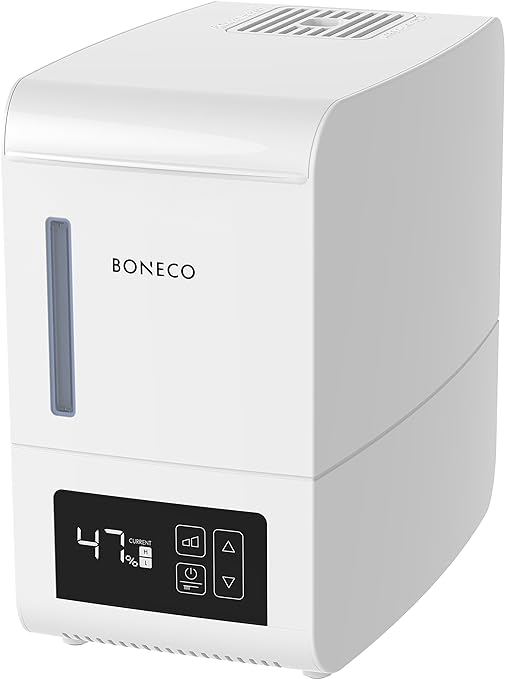 BONECO Luftbefeuchter Verdampfer S250 – 3L Wassertank – große Räume bis 50m2 – bakterienfreier Dampf – Programmierbarer Hygrostat – Aroma Diffuser, weiß