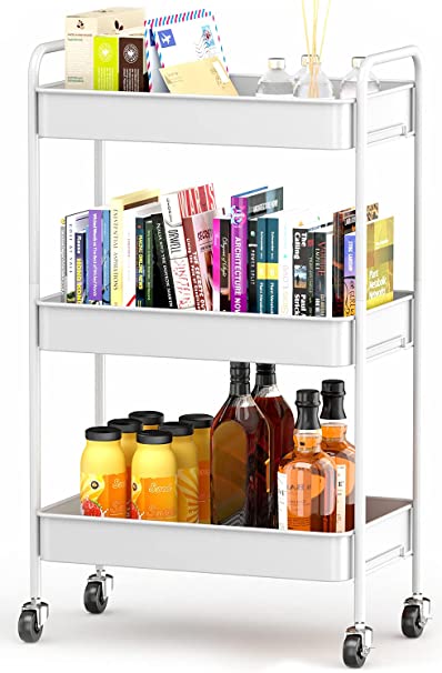 Storage Utility Cart with Wheels - Metal Rolling Organizer Cart for Kitchen laundry, 3-Tier Small Mobile Craft Cart (Pearl White)