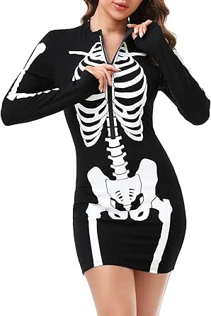 HDE Women's Skeleton Dress Halloween Costume Stretchy Long Sleeve Mini Dress