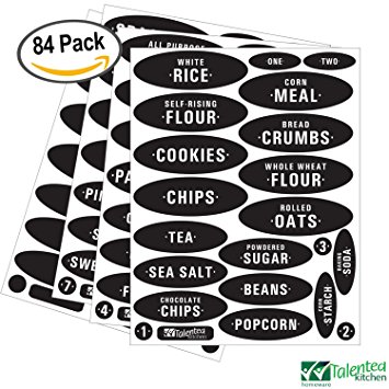 Kitchen Pantry Food Organization Chalkboard Labels by Talented Kitchen. 84 Contemporary Preprinted Water Resistant Vinyl Label Set to Organize your Kitchen Cabinet. Reusable Write-on & Erasable