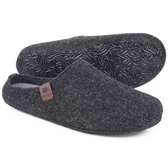 VeraCosy Men's Fuzzy Faux Wool Felt Slippers Indoor Outdoor Slip-on House Shoes with Anti Skid Rubber Sole
