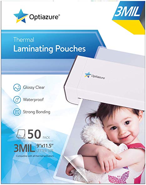 Optiazure Thermal Laminating Pouches 9"x11.5" Inches, 3mil 50Pack, Clear and Sturdy, Letter Size