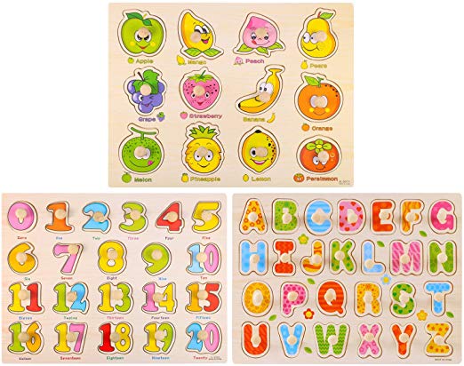 Antner Wooden Peg Puzzle for Toddlers (Set of 3) Numbers, Letters and Fruit Puzzle Educational Toys Kids Jigsaw Puzzle