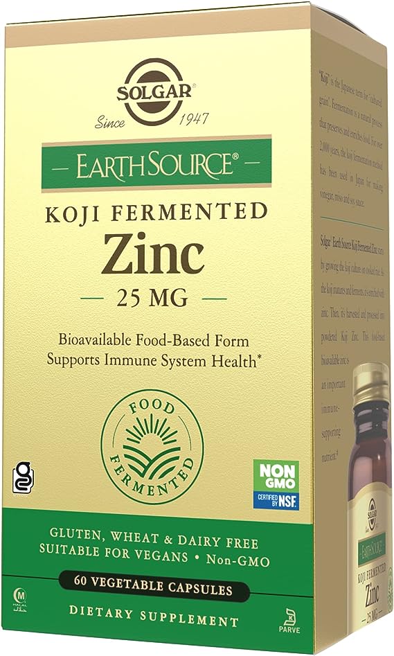 Solgar Earth Source Food Fermented Koji Zinc 25mg, 60 Vegetable Capsules - Higher-Absorption, Bioavailable Zinc for Immune & Skin Health - Non-GMO, Vegan, Gluten No, Dairy No, Kosher - 60 Servings