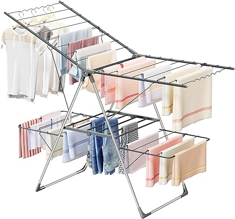Innotic Clothes Airer with 33 bars, 2-Level Foldable Clothes Drying Rack Indoor Outdoor, Stainless Steel Large Clothes Horse, 6 Height-Adjustable Laundry Drying Rack for Clothes, Quilt, Shoes, Bag