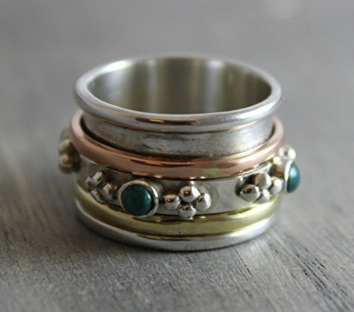 Sterling Silver (925) Turquoise Brass Copper Bohemian Spinning Fidget Ring, Size 8