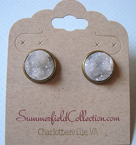 Antiqued Gold-Tone Stud Earrings 12mm Clear Light Gray Faux Druzy Stone