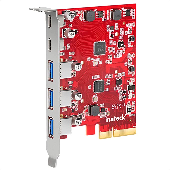 Inateck PCIe to USB 3.2 Gen 2 Card with 20 Gbps Bandwidth, 3 USB Type-A and 2 USB Type-C Ports, KU5211, Red