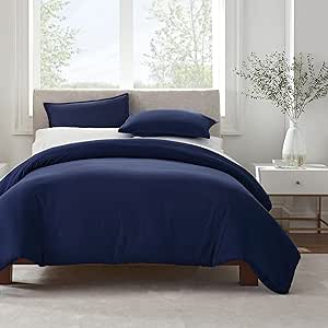 SERTA Simply Clean Ultra Soft Hypoallergenic Stain Resistant 3 Piece Solid Duvet Cover Set, Navy, Full/Queen