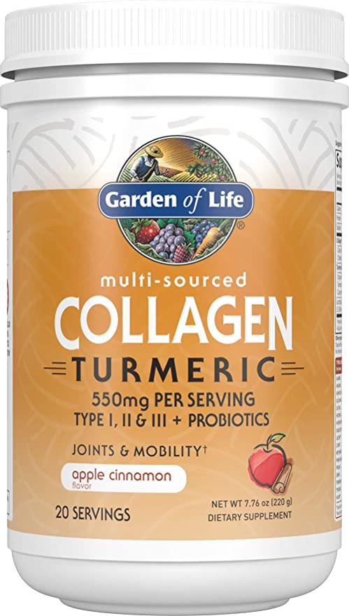 Garden of Life Multi-Sourced Collagen Turmeric for Joints & Mobility - Apple Cinnamon, 20 Servings - 10g Type I, II & III Peptides, 60mg Turmeric Curcuminoids & Probiotics - Gluten Free, Keto & Paleo