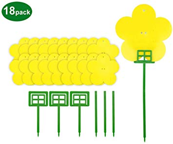 18 Pack Dual Yellow Sticky Traps in Flower Shaped for Flying Plant Insect Like Fungus Gnats, Aphids, Whiteflies, Leafminers -Included 3pcs Supporting Poles and 15pcs Twist Ties