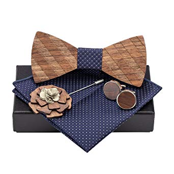 Amzchoice Classic Handmade Mens Wood Bow Tie with Matching Pocket Square Men's Cufflinks Lapel Flower Set
