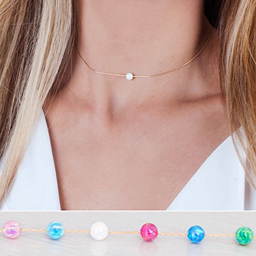Opal Ball Choker Necklace in Gold Filled / Sterling SIlver / Rose Gold - Handmade Minimalist Collar Necklace With Tiny Opal Bead in Blue / White / Green / Pink - Customize Size