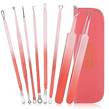 Fluco Blackhead Remover Pimple Popper Tool Kit, 8pcs Blackhead Comedone Extractor Tool for Nose Face, Blemish Whitehead Extraction Popping with Leather Bag (Pink)