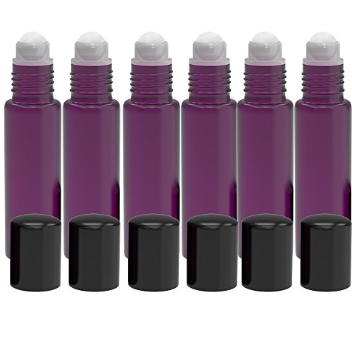 6 Pack - Roll on Glass Bottle - 10ml 1/3oz Size for Essential Oil - Empty Aromatherapy Perfume Bottles - Refillable Slim with Cap (Purple)