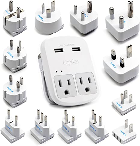 International Plug Adapter Kit, Ceptics World Safest Grounded 13 Adaptor Set Dual USB Ports - Travel Anywhere - Business Use - Perfect for Laptops, Cell Phones, Chargers - Surge Protection
