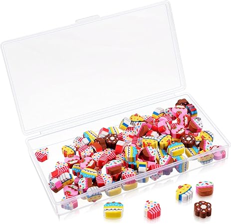 Zonon 100 Pieces Mini Pencil Erasers Erasers Pack Mini Erasers Assortment Novelty Sea Erasers Mini Pencil Erasers with Storage Box for Party Favor, Gift Filling, Home School Work Reward (Cake Style)