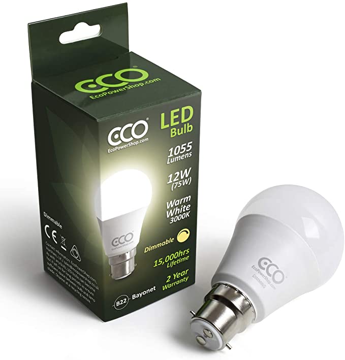 ECO DIMMABLE 2 Pin B22 Bayonet Light Bulb, 12W Dimmable LED Energy Saving Light Bulb, 75W Equivalent, Frosted, Warm White (3000K), 15000Hrs Lifetime. [Energy Class A ] (1 x Pack)