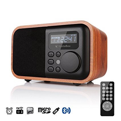 InstaBox i90 Wooden Digital Multi-Functional Speaker with Bluetooth FM Radio Alarm Clock MP3 Player, Supports Micro SD/TF Card and USB with Remote Control, Brown Wood