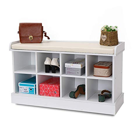 8 Cubbies Shoe Entryway Bench Storage with Fireproof Cushion Wood Cube Organizer Rack Cabinet Shlef Hallway White