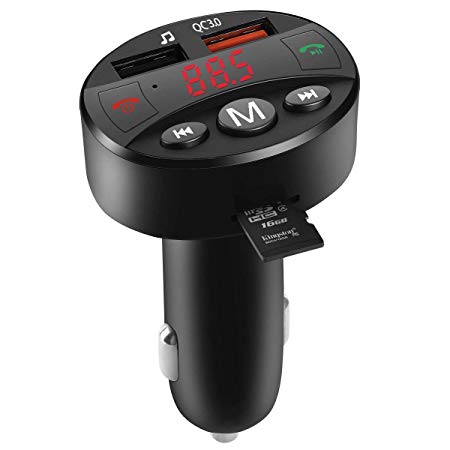 Bluetooth FM Transmitter for Car, QC3.0 Wireless in-Car FM Radio Transmitter Adapter with Hand-Free Calling, Car USB Charger, Music Player Support TF Card and USB Flash Drive
