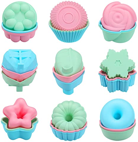 Senbowe Silicone Reusable Baking Cups,Muffin Baking Cups,Cup Cake Liners,Nonstick Pastry Muffin Molds 9 Shapes Round, Stars, Heart, Flowers, 27 Pieces Colorful