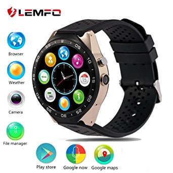 LEMFO KW88 3G Smart Watch Cell Phone All-in-One MTK6580 Android 5.1 Quad Core WiFi GPS Heart Rate Monitor (Gold Black)