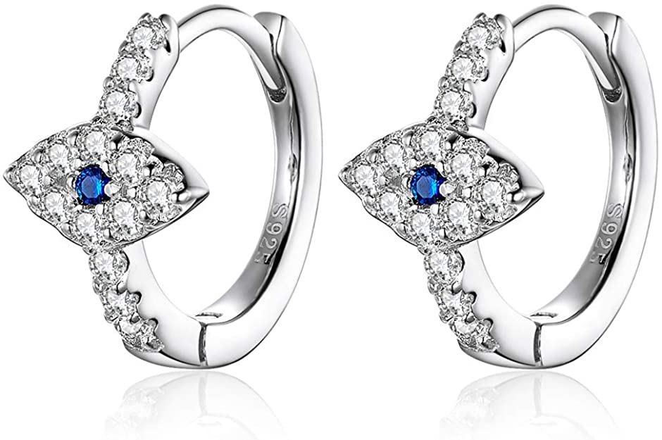Blue Crystal Evil Eye Tiny Round Hoop Earrings Sterling Silver 14k Gold Plated Dainty CZ Small Cartilage Huggie Endless Hoops for Women Girls
