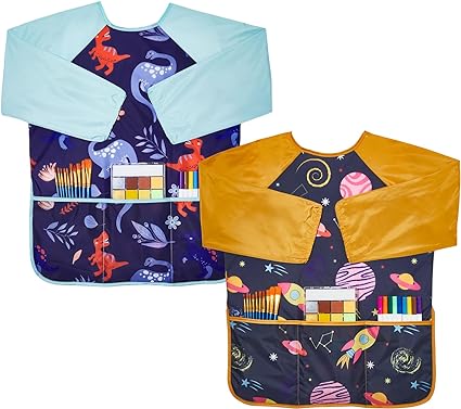 Lictin 2 Pack Kids Art Smocks, Toddler Smock, Waterproof Artist Painting Aprons for Children, with Long Sleeve and 3 Pockets for Age 3-8 Years