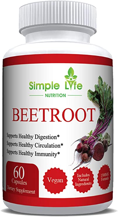 Premium Red Beetroot Powder Capsules - 1300mg, 60ct - Supports Healthy Circulation, Athletic Performance, & More