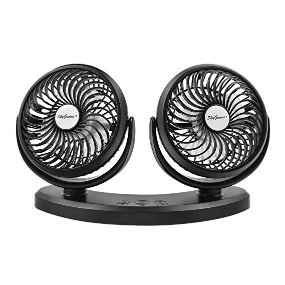 SkyGenius Dual Head USB Powered Mini Desk Fan for Car Home Office, 350 Degree Rotatable Auto Fan 3 Speed Adjustable(5V, 2A)