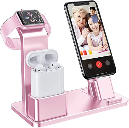 YoFeW Charging Stand for Apple Watch Charger Stand Aluminum Dock Station Compatible for iWatch Apple Watch Series 4/3 / 2/1/ AirPods/AirPods Pro/iPhone X/XS/XS Ma /8 / 8Plus / 7/7 Plus, Rose Gold