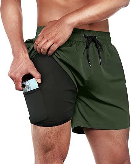 BRISIRA Swim Trunks Men Swim Shorts Quick Dry 5 inch Inseam Beach Shorts with Compression Liner and Zipper Pocket