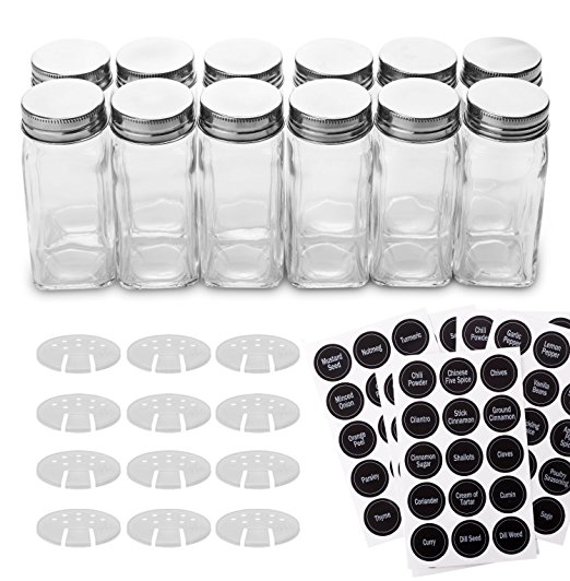 Aozita 12-piece Glass Spice Jars/Bottles [4oz] with Shaker Lids and Stainless Steel Caps - 90 Spice Labels Included