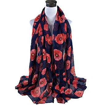 Bluelans Women's Fashion Red Poppy Flower Sheer Chiffon Shawl Long Scarfs Black