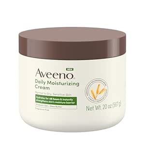 Aveeno Daily Moisturizing Cream with Prebiotic Oat & Shea Butter, Body, Face & Hand Cream for Normal to Dry, Sensitive Skin Hydrates for 48 Hours, Fragrance Free & Non-Comedogenic, 20 Oz