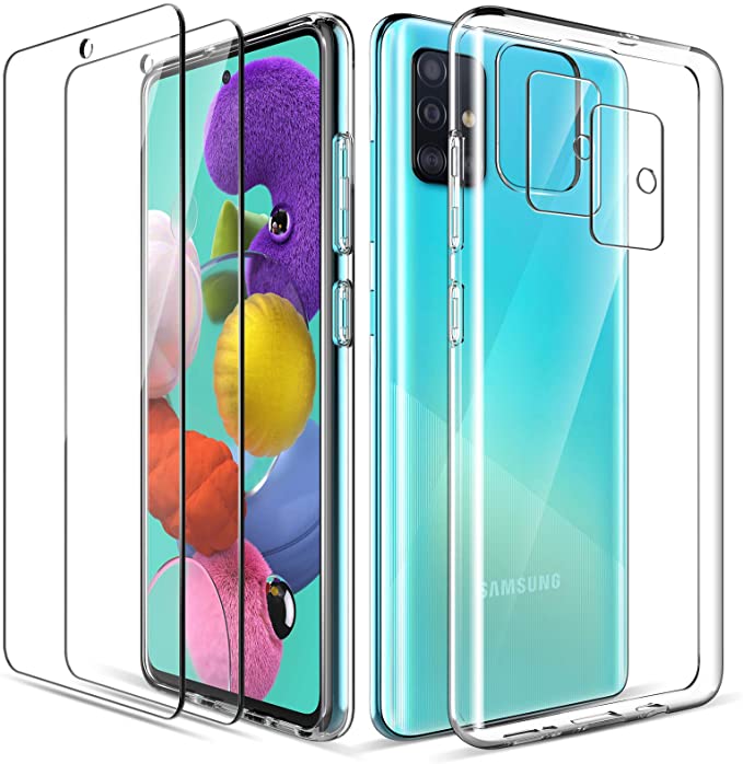 LK Clear Case for Samsung Galaxy A51, [Case Friendly] 2 Pack 9H Tempered Glass Screen Protector   2 x Camera Lens Protector, Premium Soft TPU Silicone Cover[Full Protection], Crystal Transparent