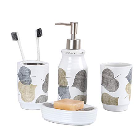 JOTOM Ceramic Bath Accessory Set,Bathroom Accessories Set - 4 Pieces with Hand Sanitizer Bottle,Toothbrush Cup,Toothbrush Holder,Soap Dish (Gold and Silver Leaves)