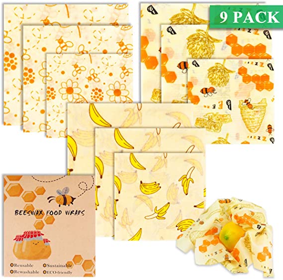 Reusable Beeswax Food Storage Wraps - Eco-Friendly, Organic, Biodegradable Sustainable - Food Storage Wrappers, Alternative to Plastic Bags, Organic Beeswax Wraps Cling Sandwich (9 PCS) ¡­