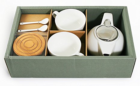 Janazala Ceramic Tea Set That Includes Teapot With Stainless Steel Infuser, 2 Tea Cups, 2 Porcelain Spoons and 2 Bamboo Coasters In Gift Box (White)